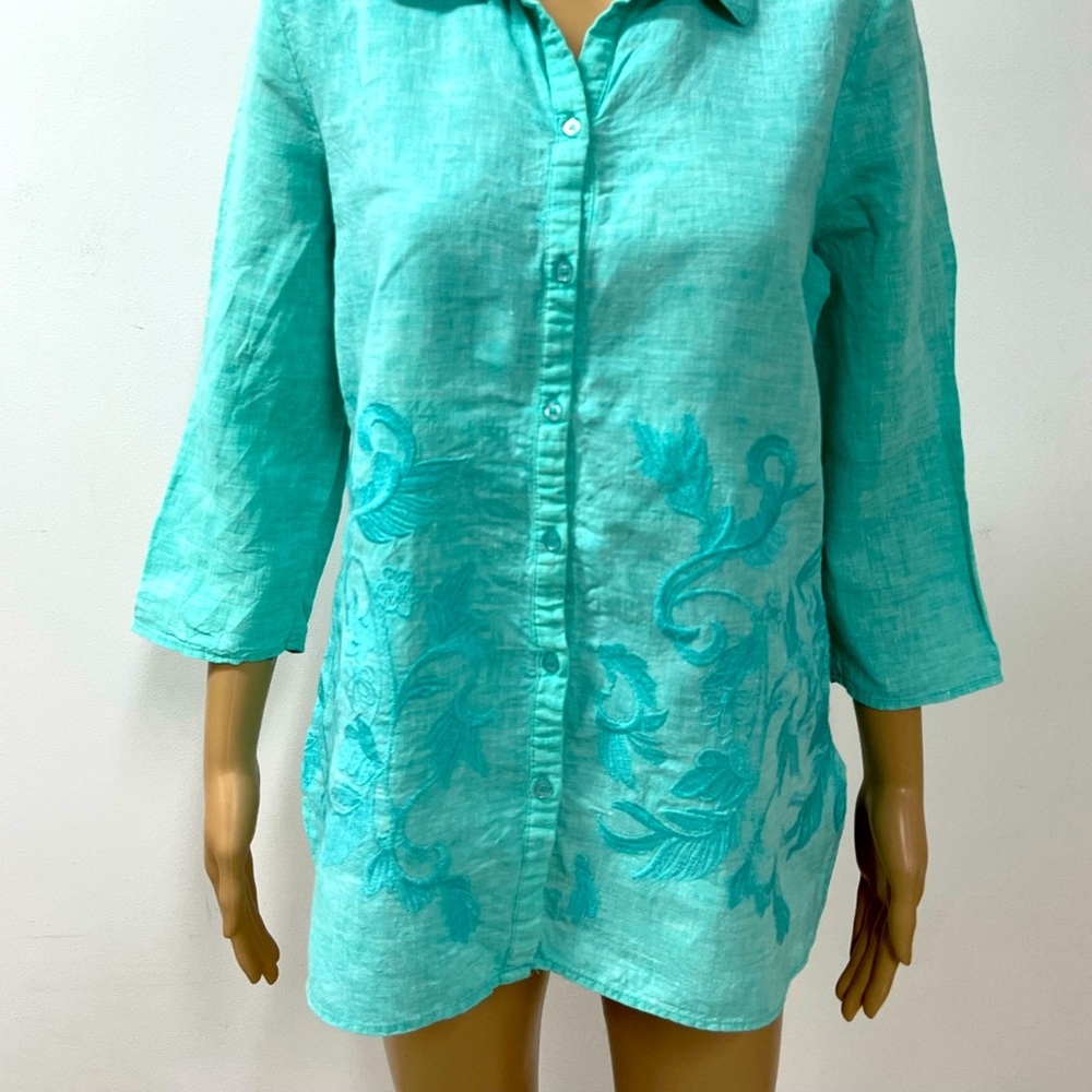 100% Linen Button Down Shirt Top 3/4 Sleeves - Picture 2 of 11
